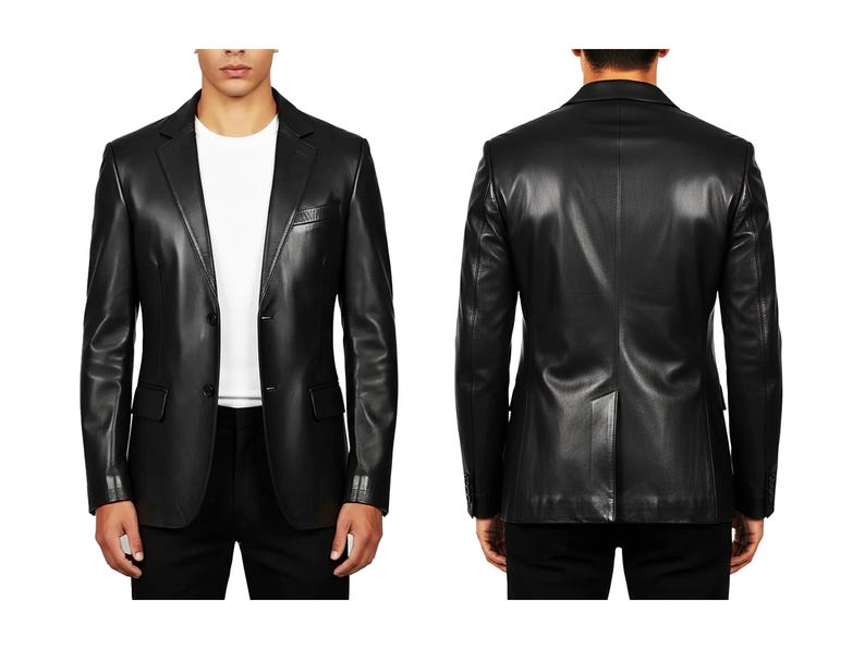 May include: A black leather blazer with a two-button closure, front pockets, and a notched lapel. The image shows both the front and back of the jacket. The blazer is a classic style, suitable for various occasions.