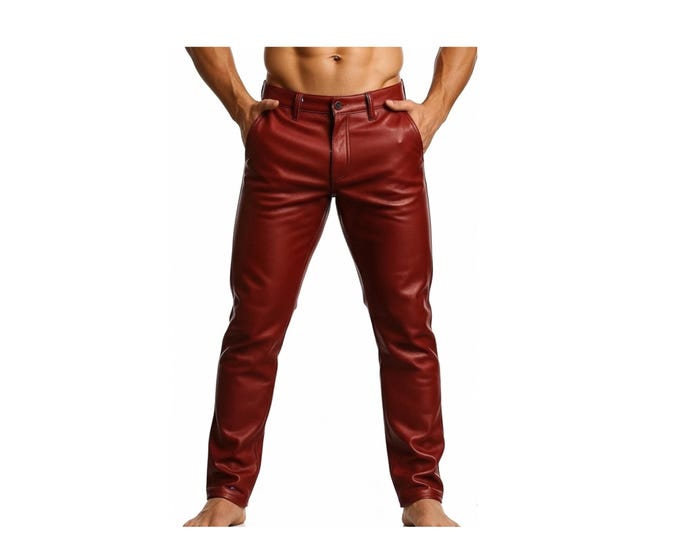 Red Leather Pants for Men Genuine Lambskin – Slim Fit Handmade Biker Leather Trousers