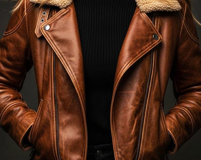 Women’s Distressed Brown Leather Jacket – Real Lambskin with Cozy Shearling Collar