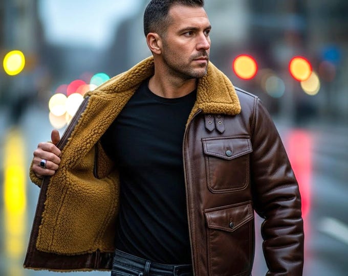 Handmade Men’s Brown Shearling Leather B3 Bomber Jacket
