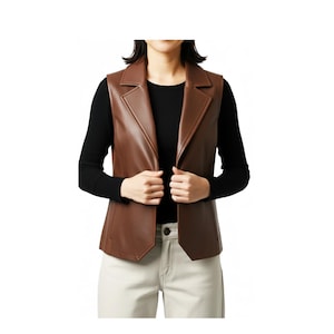 Brown Sheep Leather Women Vest | Tailored Waistcoat | Sleeveless Gilet with Collar | Gift for Her
