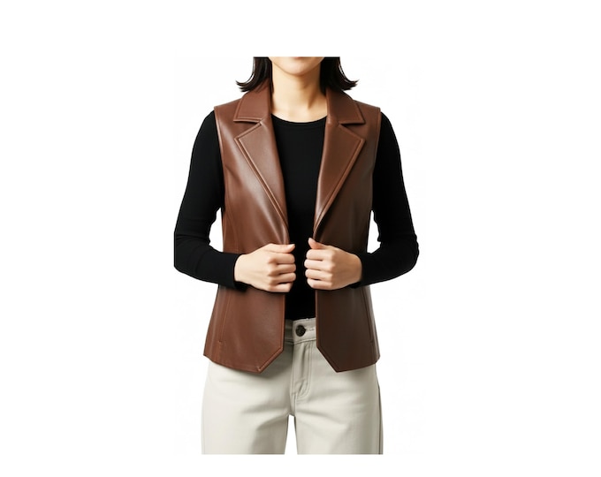 Brown Leather Vest Women, Tailored Waistcoat, Sleeveless Gilet with Collar, Gift for Her