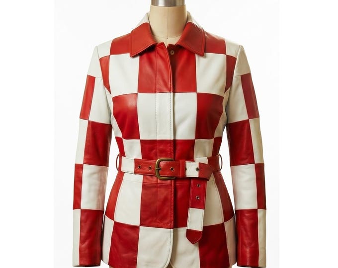 Women’s Handmade Leather Biker Jacket | Color Block Patchwork Coat | Vintage Checkered Moto Blazer | More Colors and Customization Avialabel