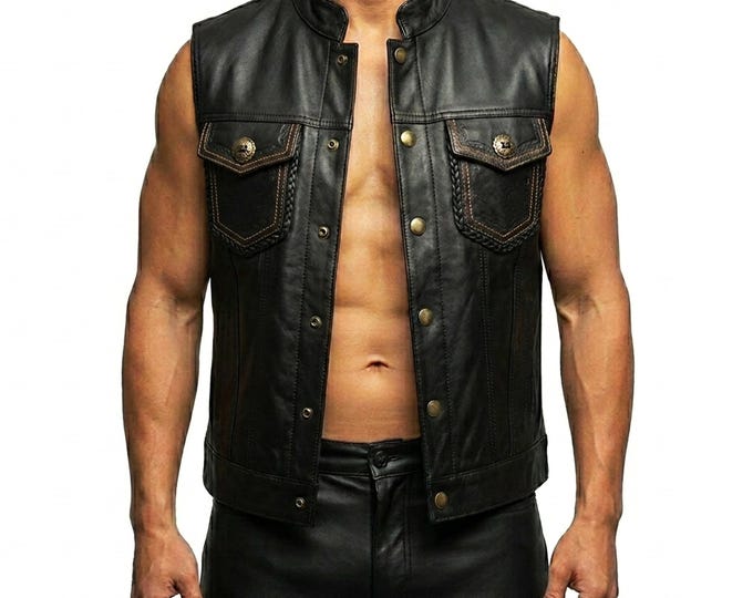 Braided Biker Club Style Vest | Black Sheepskin Leather Motorcycle Vest for Men |  | Gift For Him