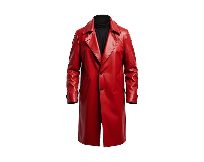 Handmade Cherry Red Leather Trench Coat – Men's Winter Overcoat