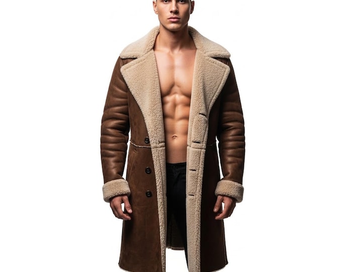 Men's Shearling Sheepskin Coat - Real Leather Winter Jacket, Aviator B3 Bomber Style, Warm Fur Lined Overcoat, Handmade Gift for Him, Brown