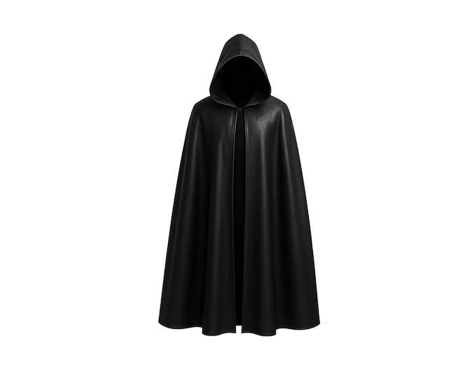 Black Leather Hooded Cloak, Gothic Medieval Costume Cape