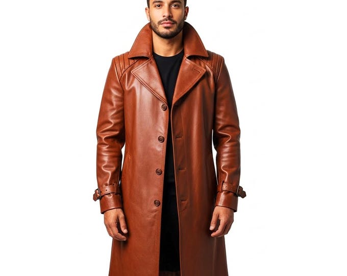 Men's Tan Leather Trench Coat - Genuine Sheepskin Long Jacket, Vintage Distressed Brown Overcoat, Handmade Winter Duster, Gift for Him