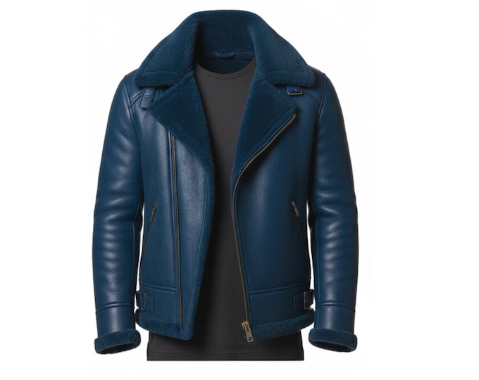 Genuine Sheepskin Jacket, Men's Navy Blue Shearling Leather Coat, Aviator Pilot Flight Jacket