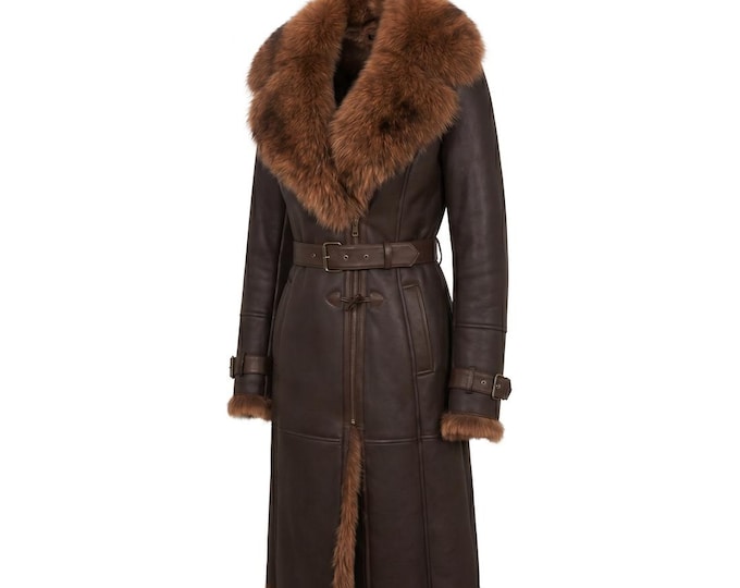 Women's Genuine Sheep Leather Coat with Fur Collar | Long Brown Winter Trench | Luxury Warm Leather Jacket | Winter Parka in 4 Colors