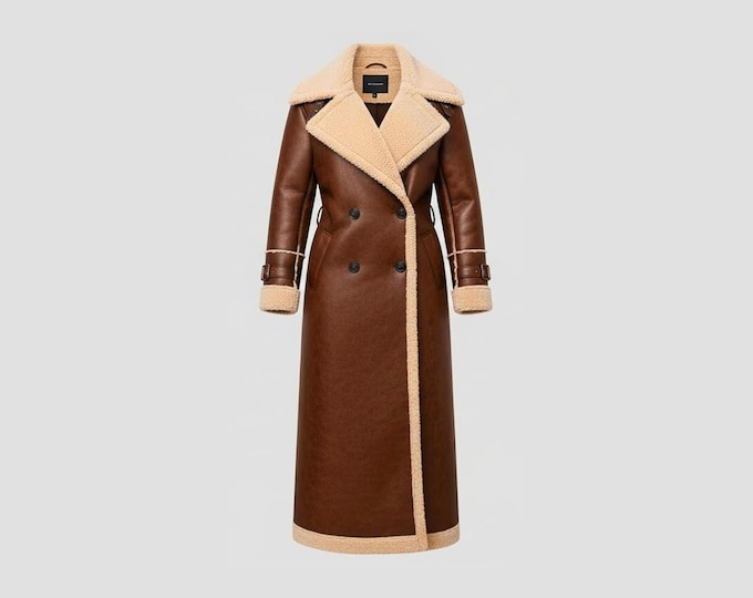 Women’s Handmade Vintage Leather Trench Coat – Long Shearling Lined Winter Jacket, Gift for Her