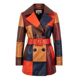 Puede incluir: Abrigo de cuero patchwork multicolor. Presenta un cuello marrón, paneles naranjas y azul marino, y un cinturón a juego con hebilla rectangular. El abrigo cruzado tiene botones negros. Una elegante prenda de abrigo.