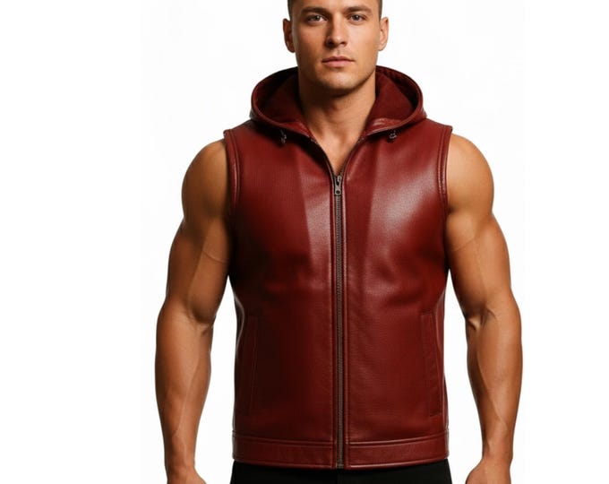 Men's Maroon Leather Hooded Vest, Urban Biker Gilet