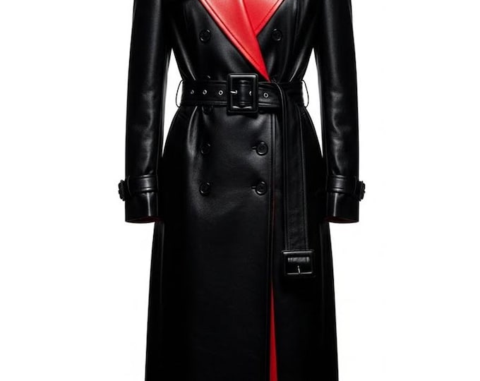 Women's Black Leather Trench Coat, Real Lambskin Long Jacket, Gothic Steampunk Overcoat, Belted Winter Duster, Vintage Style Gift for Her