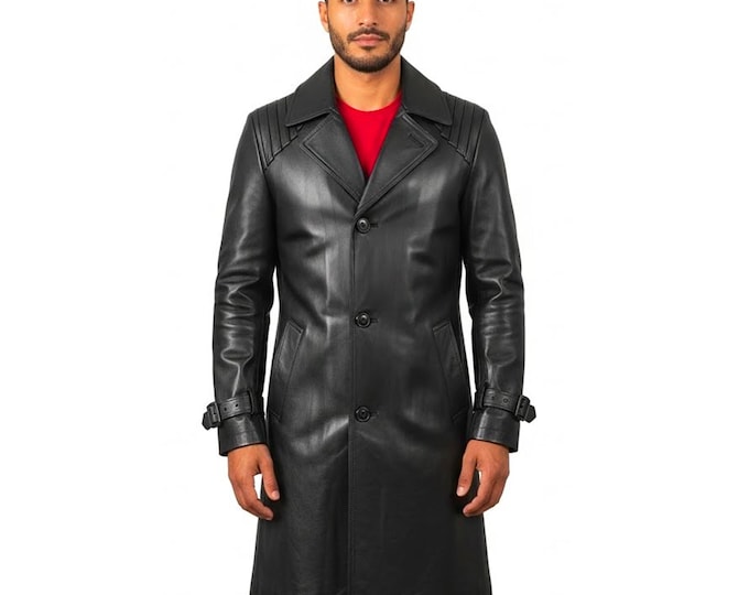 Black Leather Trench Coat – Genuine Sheepskin Winter Duster
