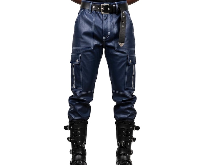 Handmade Navy Blue Leather Cargo Pants, Men's Slim Fit Biker Trousers with Multi Pockets, Cyberpunk Techwear Streetwear, Gothic Utility Gift
