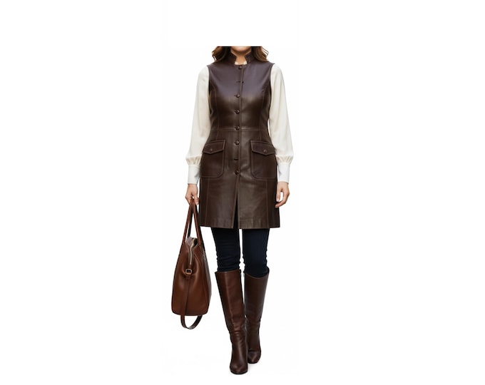 Long Brown Leather Vest Dress | Vintage Style Sleeveless Trench