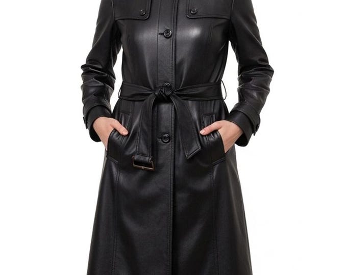 Handmade Leather Trench Coat for Women, Vintage Long Black Sheepskin Overcoat, Luxury Winter Jacket with Belt, Custom Gift for Her, 90s