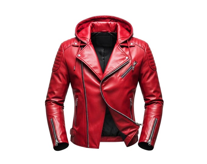 Men's Red Lambskin Leather Biker Jacket with Hood