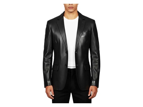 Black Leather Blazer Jacket For Men, Two-Button Suit Coat, Formal Biker Business Smart Casual