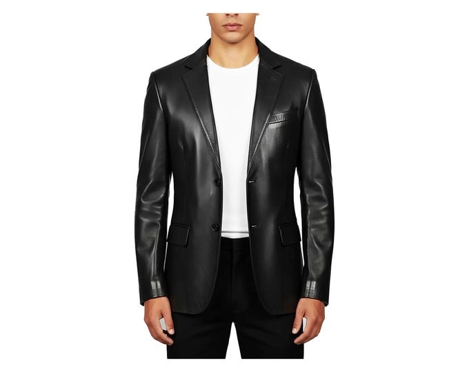 Black Leather Blazer Jacket For Men, Two-Button Suit Coat, Formal Biker Business Smart Casual