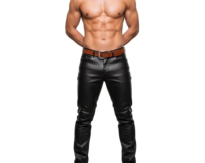 Men's Black Leather Pant Slim Fit Genuine Sheepskin Biker Trouser | Handmade Real Leather Jeans Style Outfit | Custom Tailored Gift for Him