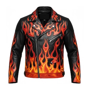 Könnte beinhalten: Schwarze Lederjacke mit einem Flammendesign in Rot, Orange und Gelb. Die Jacke hat einen klassischen Biker-Stil mit einem Reverskragen, einem asymmetrischen Reißverschluss und mehreren Taschen. Ein auffälliges Oberbekleidungsstück.