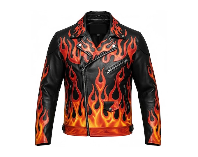 Men's Flame Leather Biker Jacket, Hand Made Fire Design Motorcycle Jacket