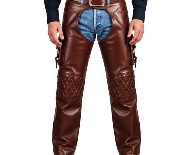 Handmade Brown Leather Motorcycle Chaps with Cargo Pockets | Quilted Padded Knee Biker Gear | Western Riding Chaps for Men, Gift for Him