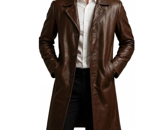 Brown Leather Car Coat, Men's Mid-Length Real Leather Overcoat