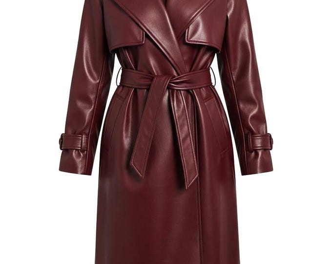 Burgundy Sheep Leather Trench Coat, Long Belted Winter Overcoat