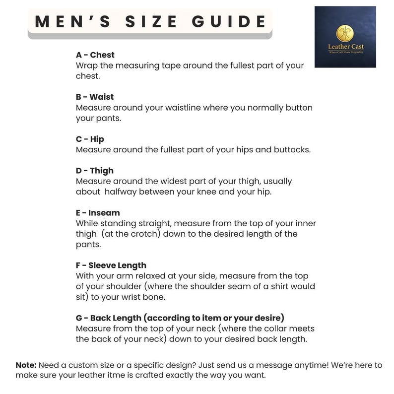 May include: A white size guide titled "MEN'S SIZE GUIDE" with instructions for measuring chest, waist, hip, thigh, inseam, sleeve length, and back length. A logo for Leather Cast is in the upper right corner.