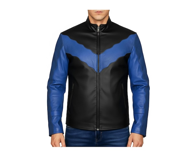 Men's Black & Blue Leather Biker Jacket | V-Chevron Design