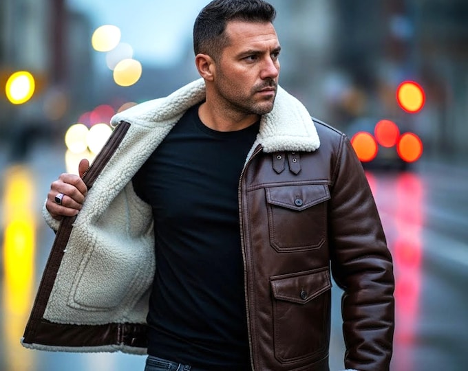 Men's Shearling Leather Aviator Jacket, Brown B3 Bomber Coat