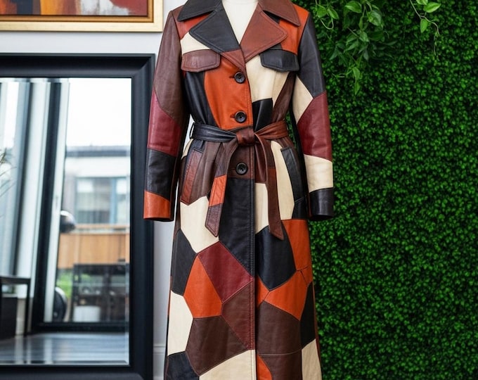Vintage Patchwork Leather Trench Coat: 90s Boho Belted Overcoat