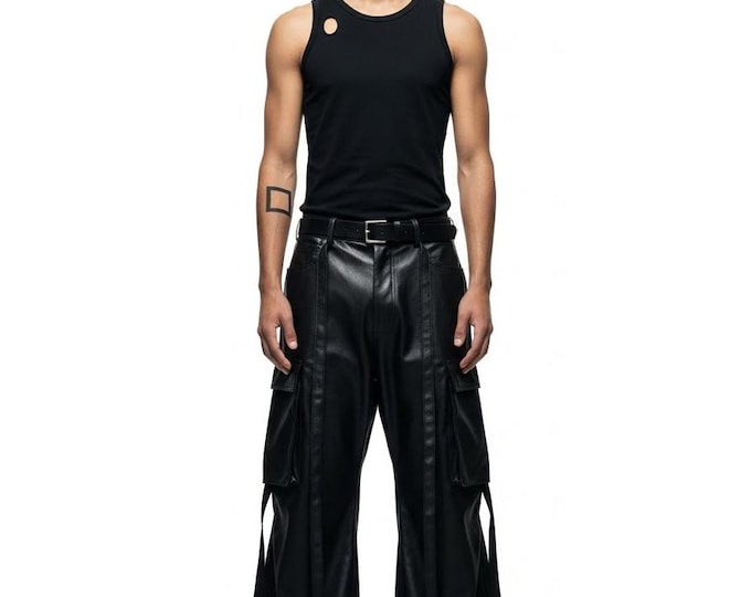 Mens Leather Cargo Pants - Handmade Real Lambskin Biker Trousers - Gothic Techwear Utility Pants - Streetwear Trousers - Gift for Him