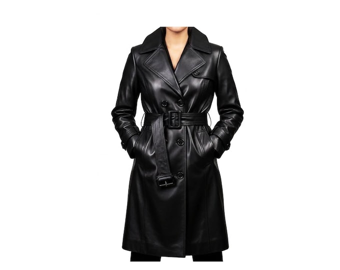 Handmade Black Lambskin Leather Long Trench Coat with Waist Belt