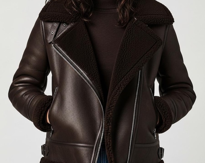 Women's Real Sheepskin Shearling Aviator Jacket, B3 Bomber Leather Flight Coat, Vintage Brown Winter Biker Jacket, Luxury Gift For Her