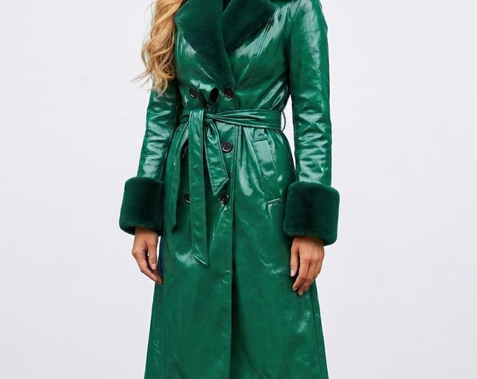 Emerald Green Sheep Leather Trench Coat | Belted Winter Overcoat | Gift For Her