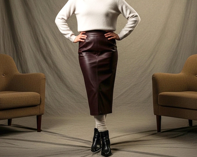 Burgundy Leather Midi Skirt High Waisted Pencil Skirt for Women | Sheep Leather Skirt with Slit | Office Wear Gift for Her