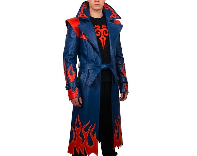 Blue Leather Trench Coat with Red Flames, Men's Gothic Fire Design Long Overcoat