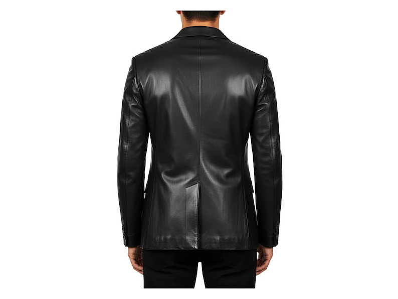 May include: A black leather blazer with a classic design. The jacket features a notched lapel, two-button closure, and a single vent in the back. The blazer is a solid black color and appears to be well-tailored.