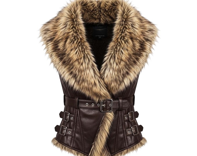 Handmade Brown Leather Viking Vest, Fur Collar, LARP Cosplay