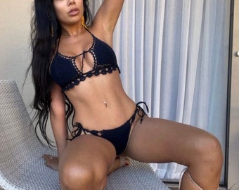 Crochet bikini set, handmade cotton swimwear.