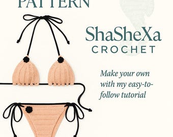 May include: A crochet bikini pattern with a peach colored bikini top and bottom with black trim and black flower accents. The pattern is available as a digital download. The text "ShaShexa Crochet" is in the upper right corner of the image.
