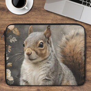 Squirrel Laptop Sleeve, Grey Brown Cottagecore Travel Case, Animal Print Zip Bag