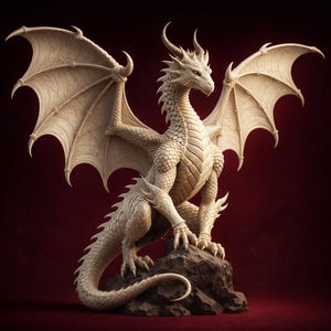 Op de afbeelding: Een gedetailleerde sculptuur van een witte draak met grote, uitgespreide vleugels, geplaatst op een donkere, getextureerde rots. De draak heeft ingewikkelde schubben, hoorns en scherpe klauwen. De achtergrond is dieprood.