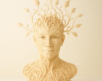 May include: A beige-colored bust sculpture of a human face with intricate, organic patterns. The sculpture features a network of lines across the face and chest, with leafy branches extending from the head. The bust is mounted on a circular base.