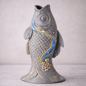 May include: A gray ceramic vase shaped like a fish. The vase has a blue and gold decorative stripe down its side, with a flower at the base. The fish scales are detailed with small gold accents.
