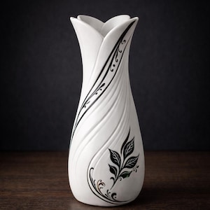 May include: White ceramic vase with a tulip-shaped top and a slender body. The vase features black, stylized leaf and vine designs. The vase has a textured surface with vertical lines. A decorative piece for the home.